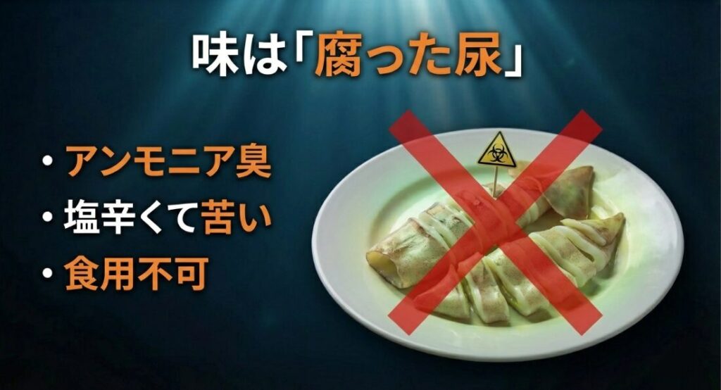 アンモニア臭と苦味が強い巨大イカを食べる味の評価