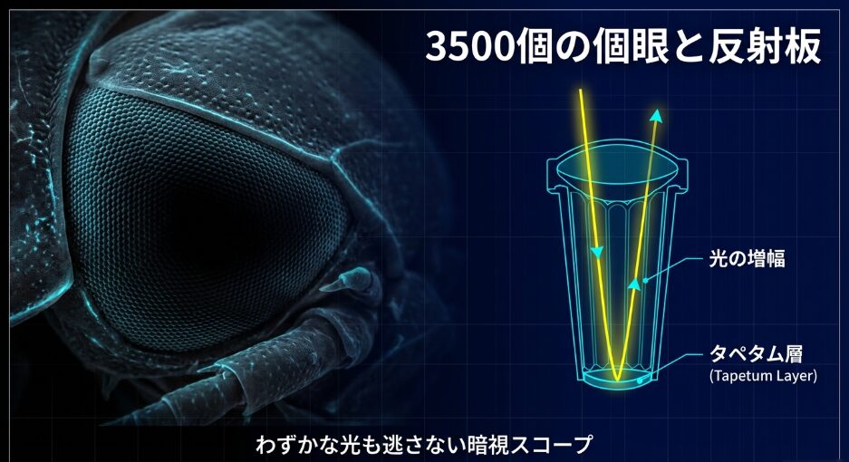 暗闇で光る複眼！4000個の個眼が捉える微かな光