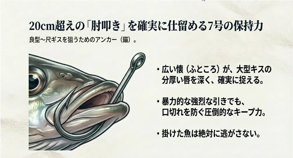 20cm超えの「肘叩き」を狙うなら「7号」で確実に上顎を貫く