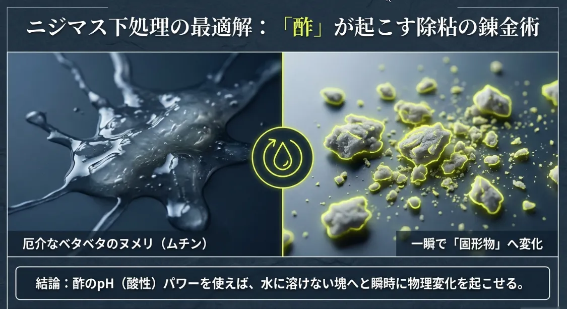 pH4の魔法！酢をかけるとヌメリが「消しゴム」に変わる