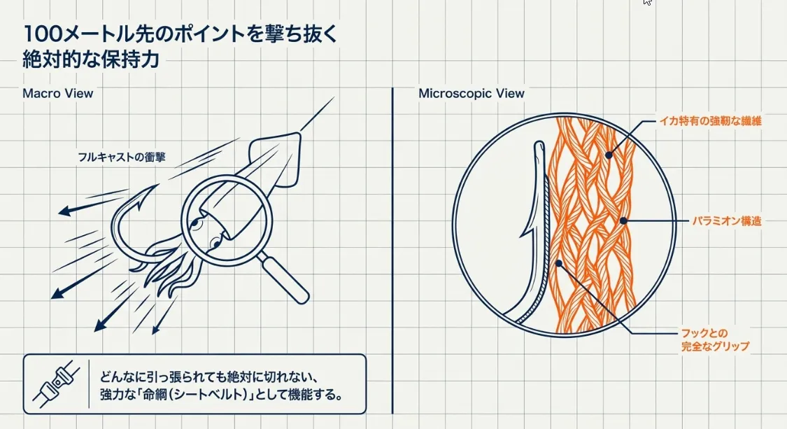 イカ特有の強靭な繊維がフルキャストの衝撃を耐え抜く