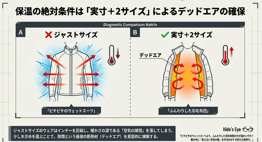 ウェアは「実寸＋2サイズ」で保温と換気の空間を作る