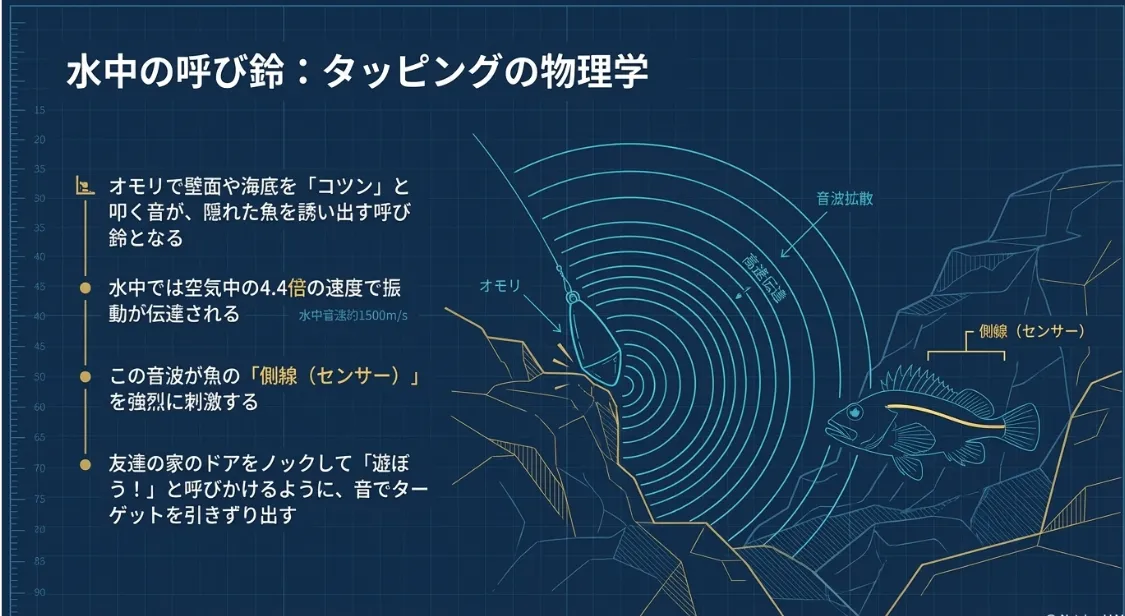 オモリで壁を叩く「アコースティック効果」で魚を呼び出す