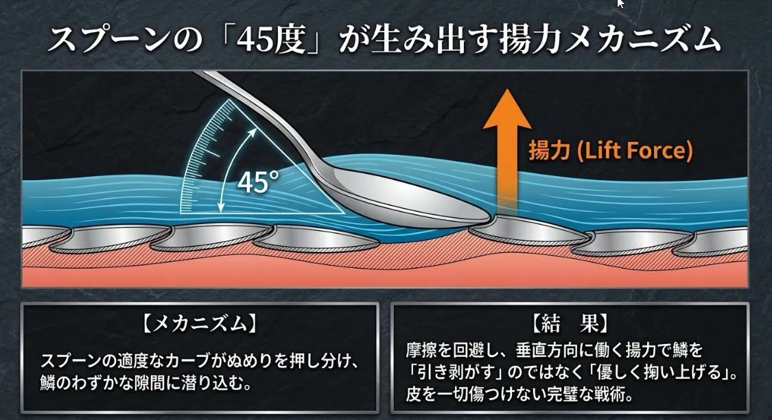 スプーンの曲面で埋没した鱗を「掬い上げる」45度の魔法