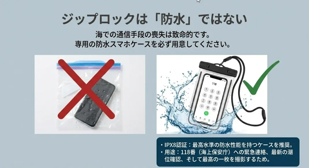 スマホ防水ケースは命綱！常に最新の海情報を手元に置くこと