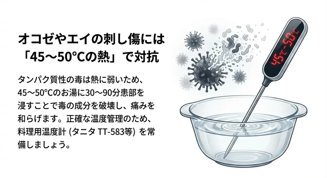 タンパク質毒は熱で無力化！45度のお湯をタニタで測れ