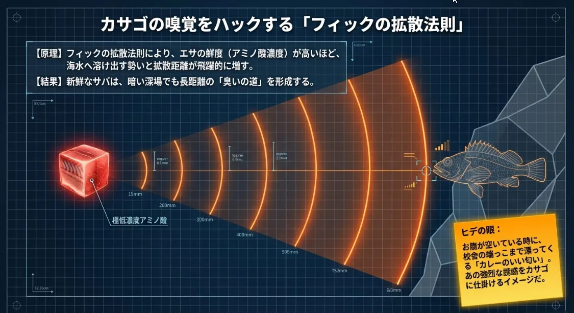 フィックの法則で解く「臭いの道」が根魚を引きずり出す