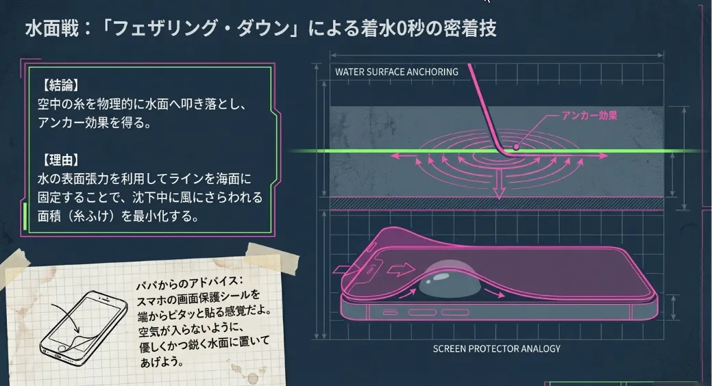 フェザリング・ダウンで空中の糸を水面に叩き落とす