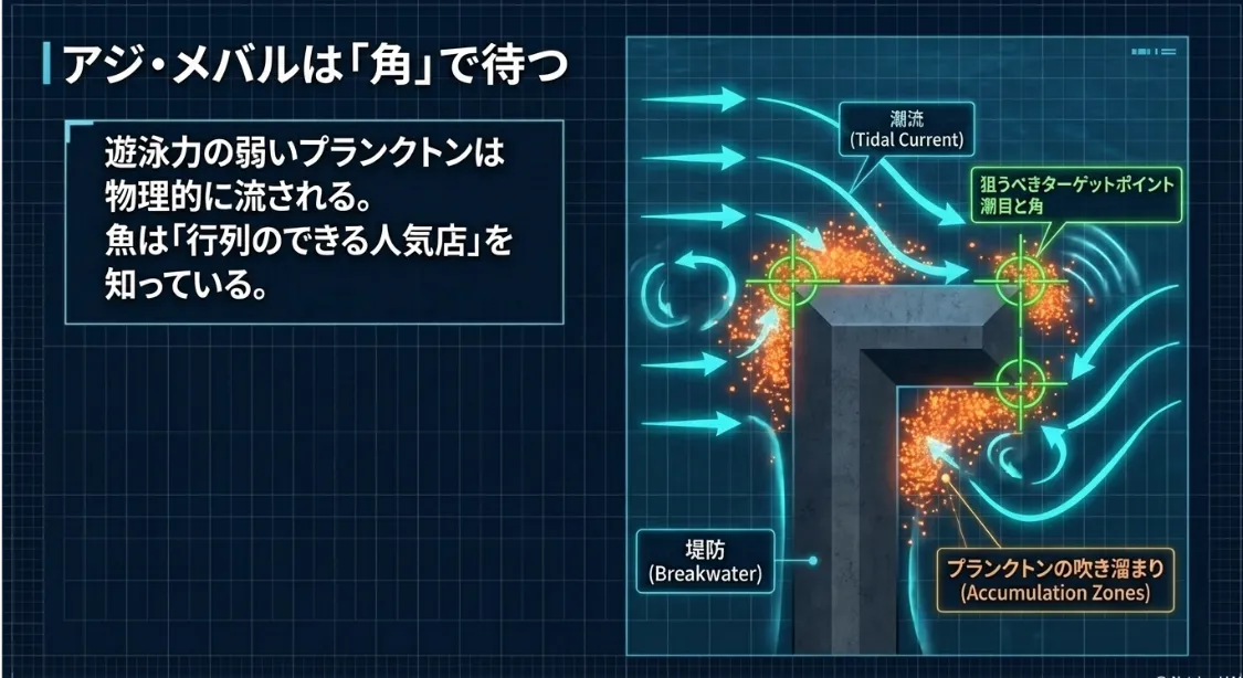 プランクトンが溜まる「潮目」と「角」をピンポイントで狙え