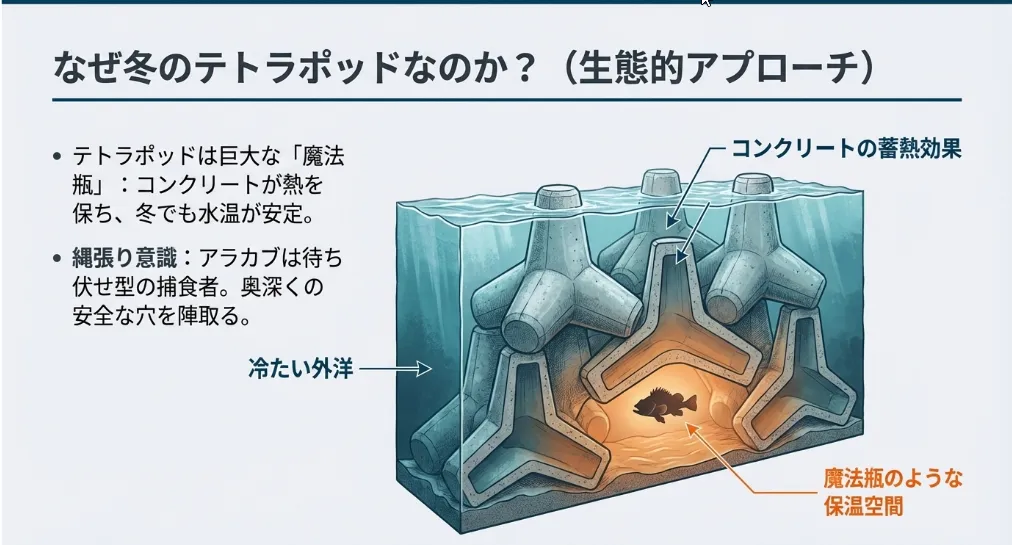 冬のテトラは天然ヒーター！水温の安定が根魚を呼び寄せる理由
