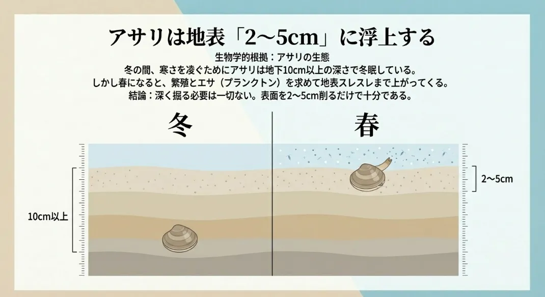 努力はいらない？春のアサリは自ら「砂の表面2cm」に浮上する