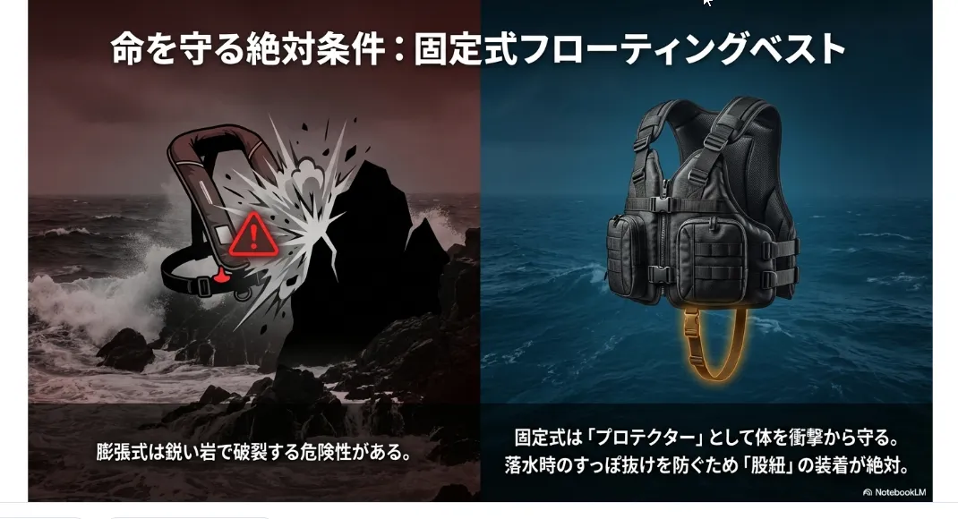 命を守るパンクしない信頼！固定式ベストが磯の標準装備