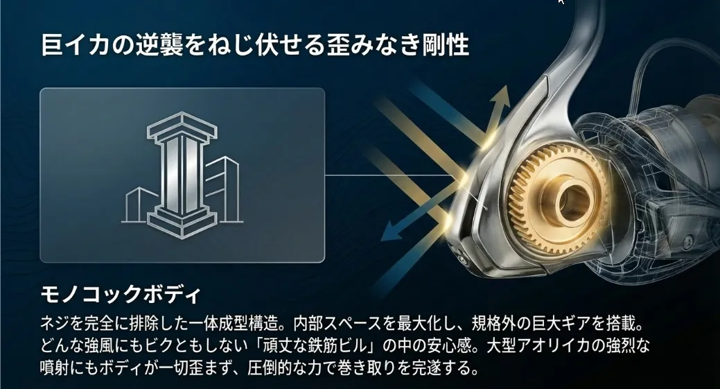 巨大なギアがシャクリの力を100%エギに伝える