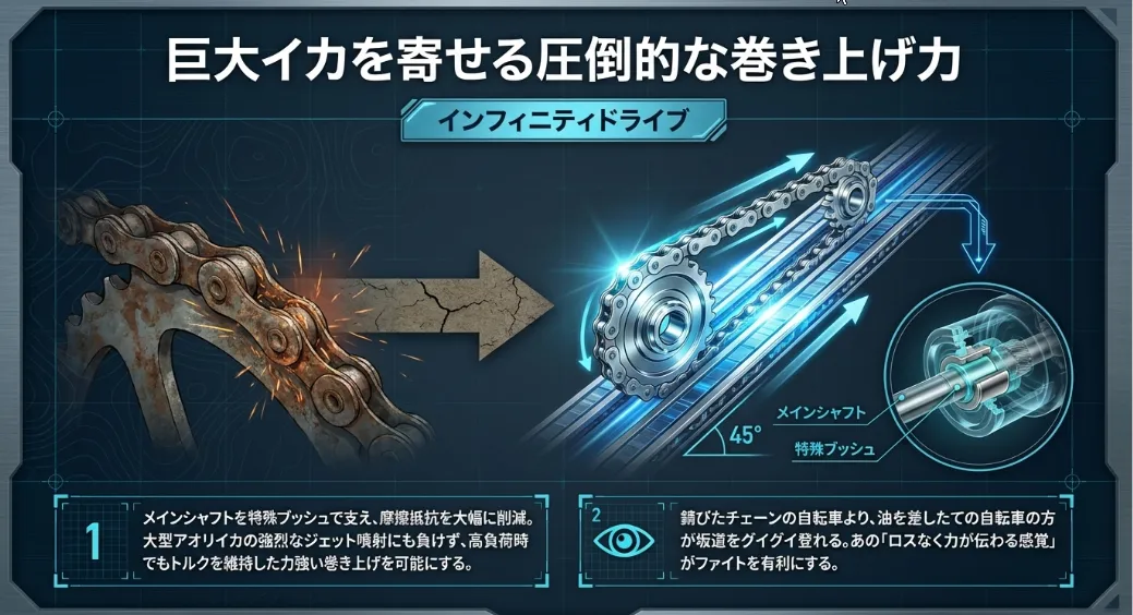 巨大イカも力で寄せる！インフィニティドライブの巻き上げ力