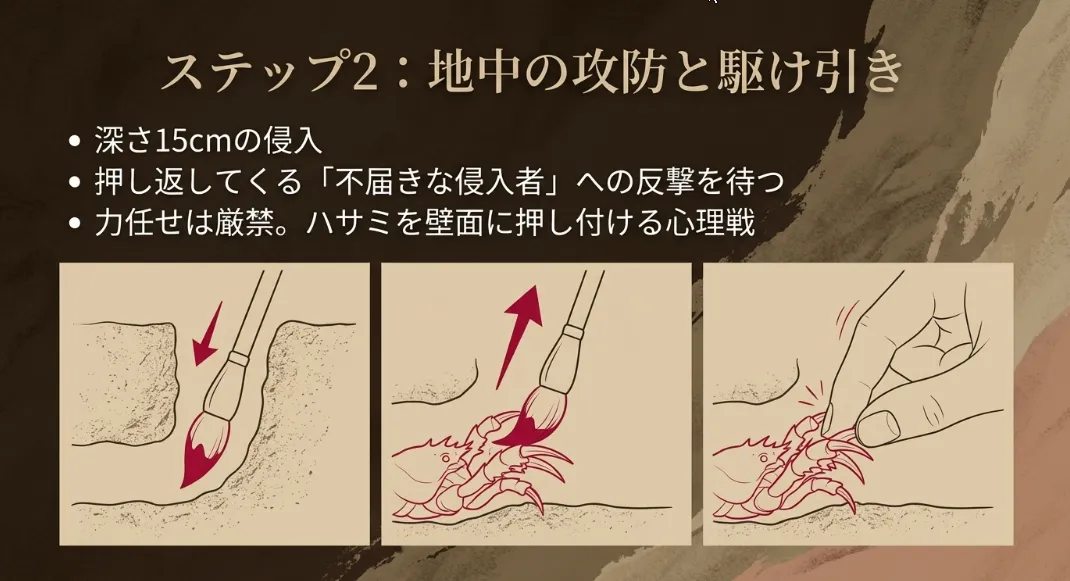 彼らはそれを「邪魔な侵入者」と認識し、ハサミを使って全力で外へ押し戻そうとしてきます。