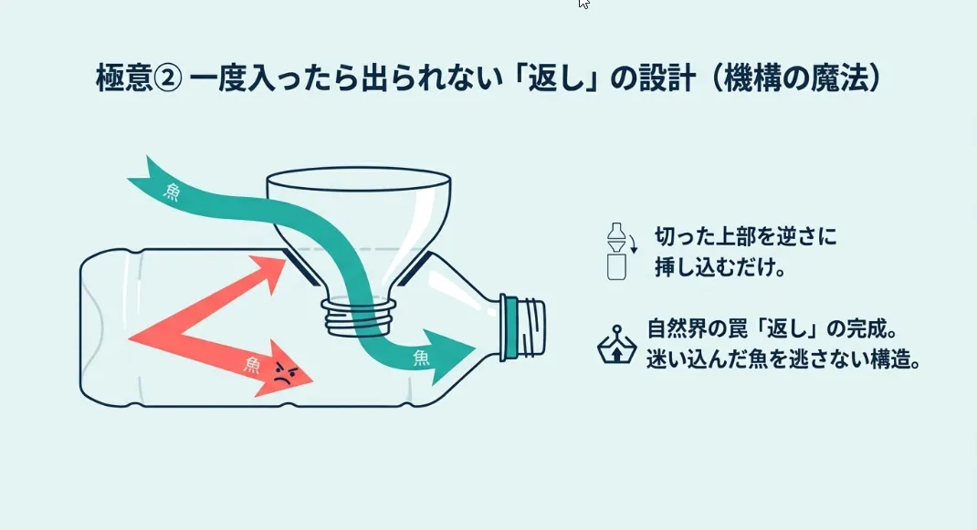 極意①：魚が二度と出られない「逆さ漏斗」の流体設計