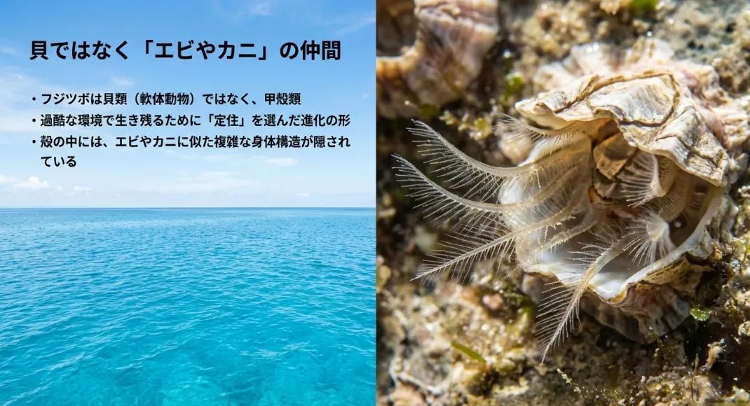 殻の隙間から「蔓脚（まんきゃく）」と呼ばれる羽のような足を出し