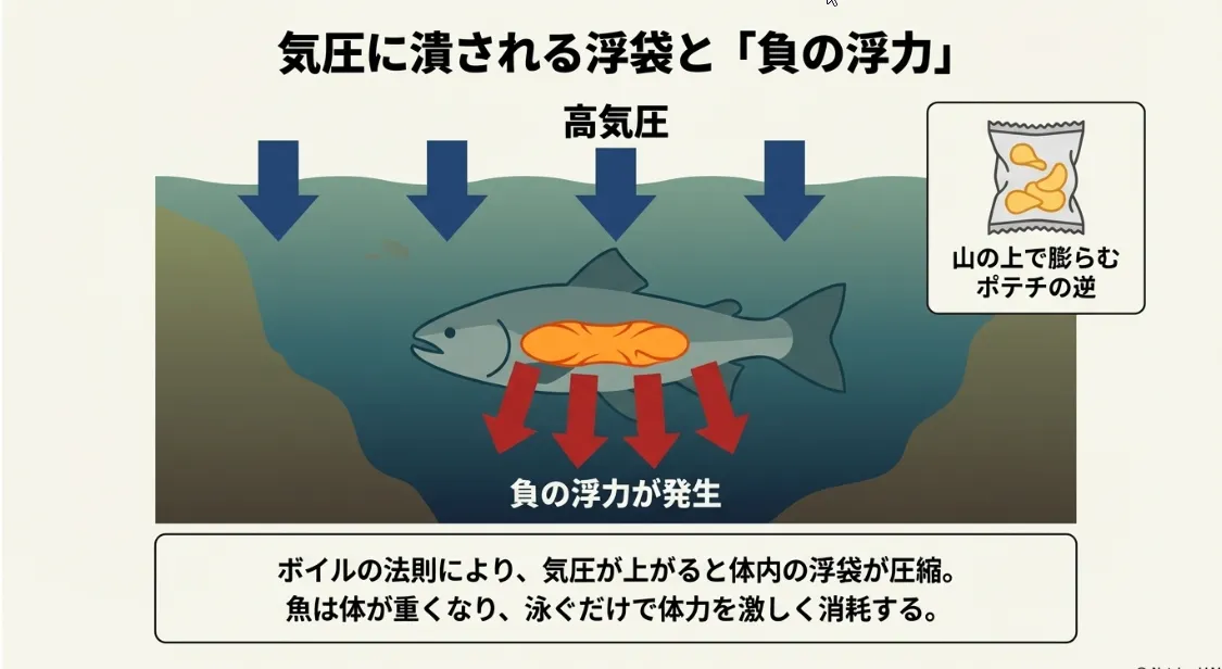 気圧が上がると魚は「立ち泳ぎ」で精一杯になる