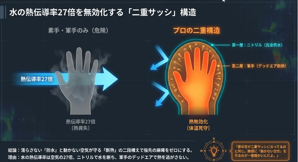 水の熱伝導を断つ！「工学的な重ね着」で指先の麻痺をゼロに