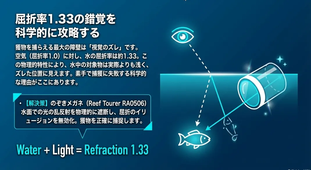 水中めがねと屈折率を利用した探索テクニック