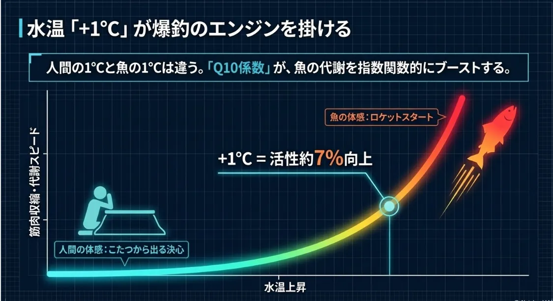 水温が1℃上がると魚のやる気は7%もアップする