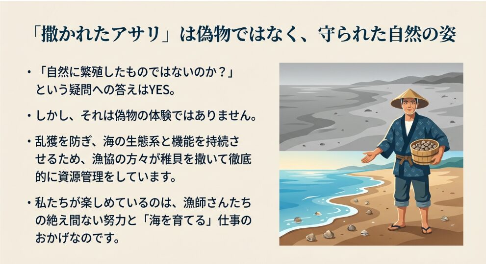 潮干狩り場の「撒きアサリ」は、レジャーを成立させる必須の知恵