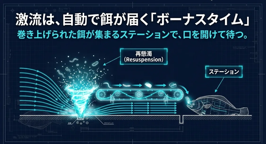 激流こそが最高のレストラン！砂泥の巻き上げが運ぶ餌の集積点