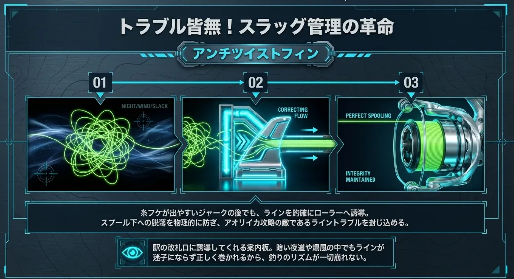 爆風でもライントラブル激減！アンチツイストフィンによるスラッグ管理