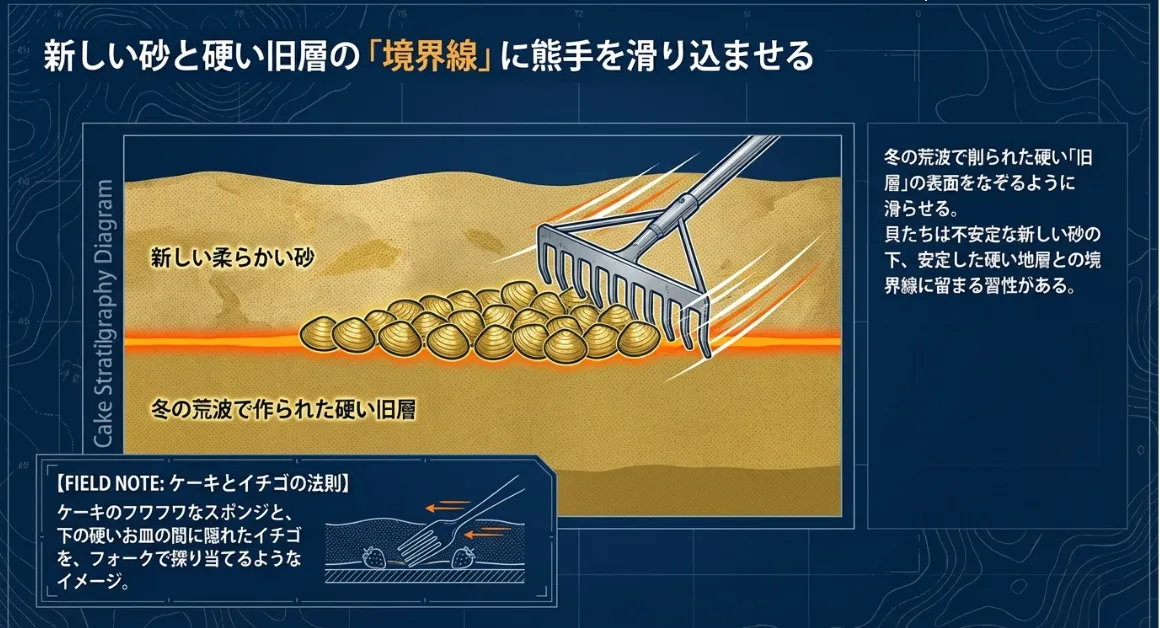 砂の「新層」と「旧層」の境目に熊手を滑り込ませて効率アップ