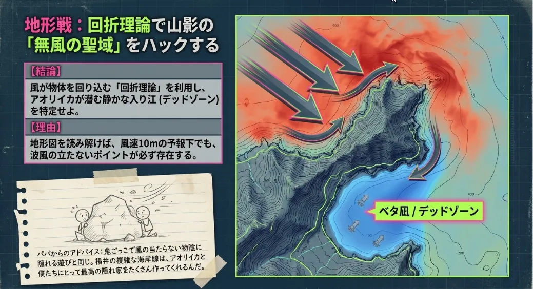 福井の地形で学ぶ！風の回折を読んで「無風の聖域」を探す方法