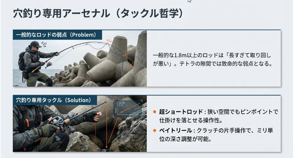 脇に抱え込める「165cm以下」のショートロッドが機動力を生む