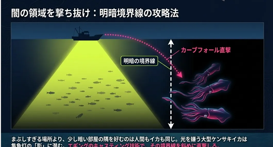 船の明暗を撃ち抜く！エギングのキャスティングが拓く闇の領域