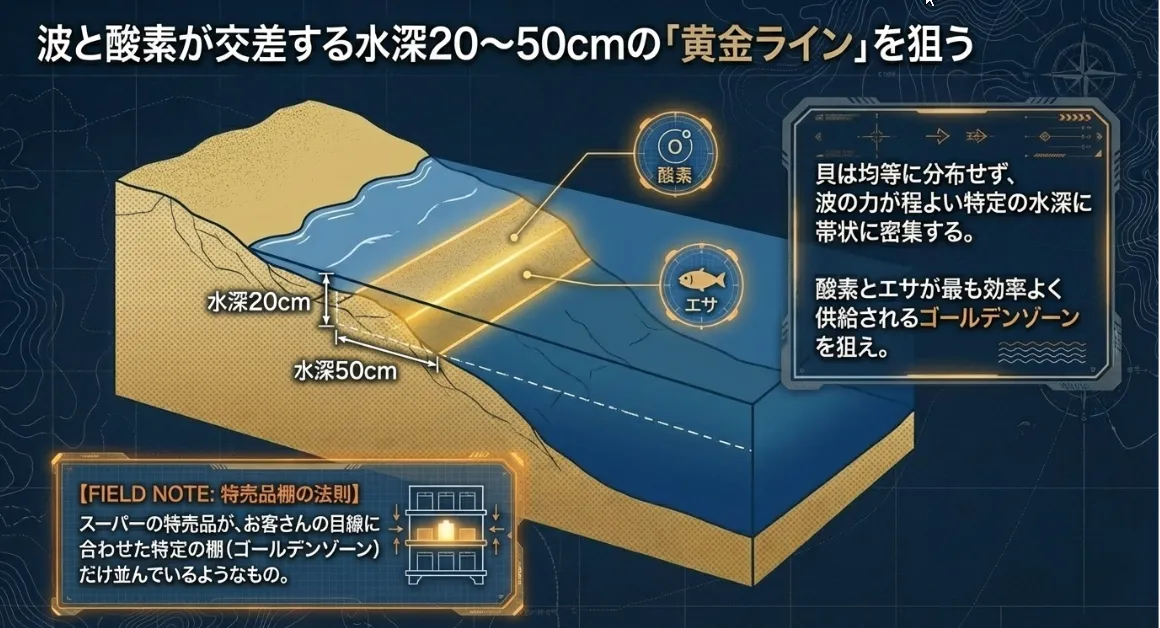 貝が固まる「黄金のライン」は波打ち際の水深50cmにある