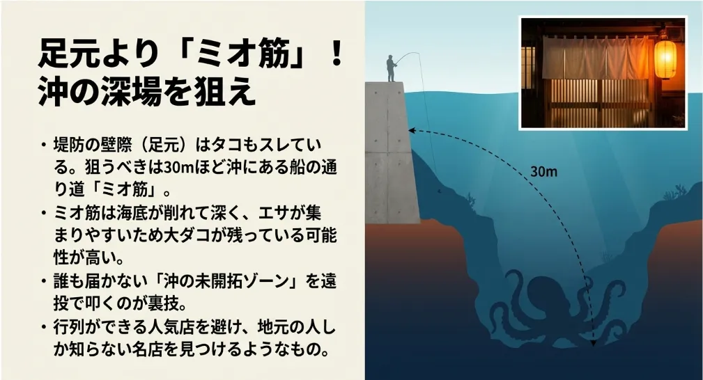 足元よりも「沖の深み」！スレたタコを騙すミオ筋遠投の秘策