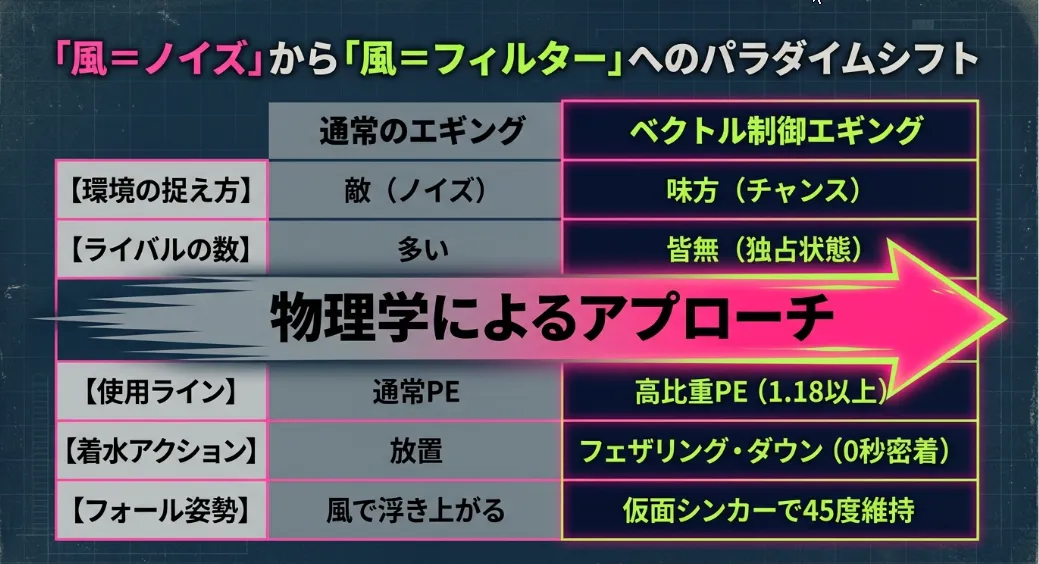 風速10mでもエギは動く！糸ふけを抑えるベクトル制御の正体