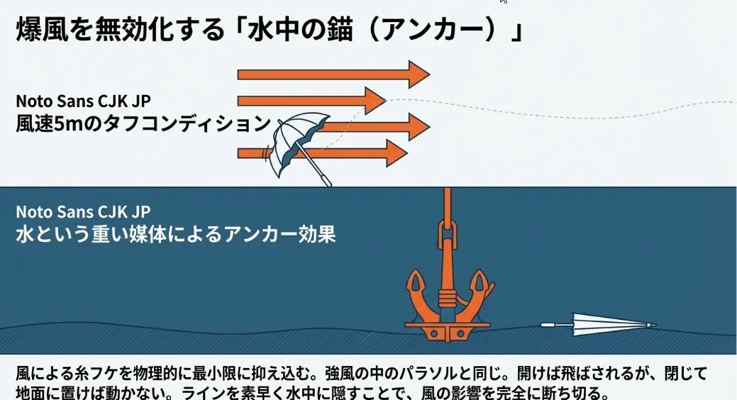風速5メートルでもジグが手元に伝わる「水中の支点」